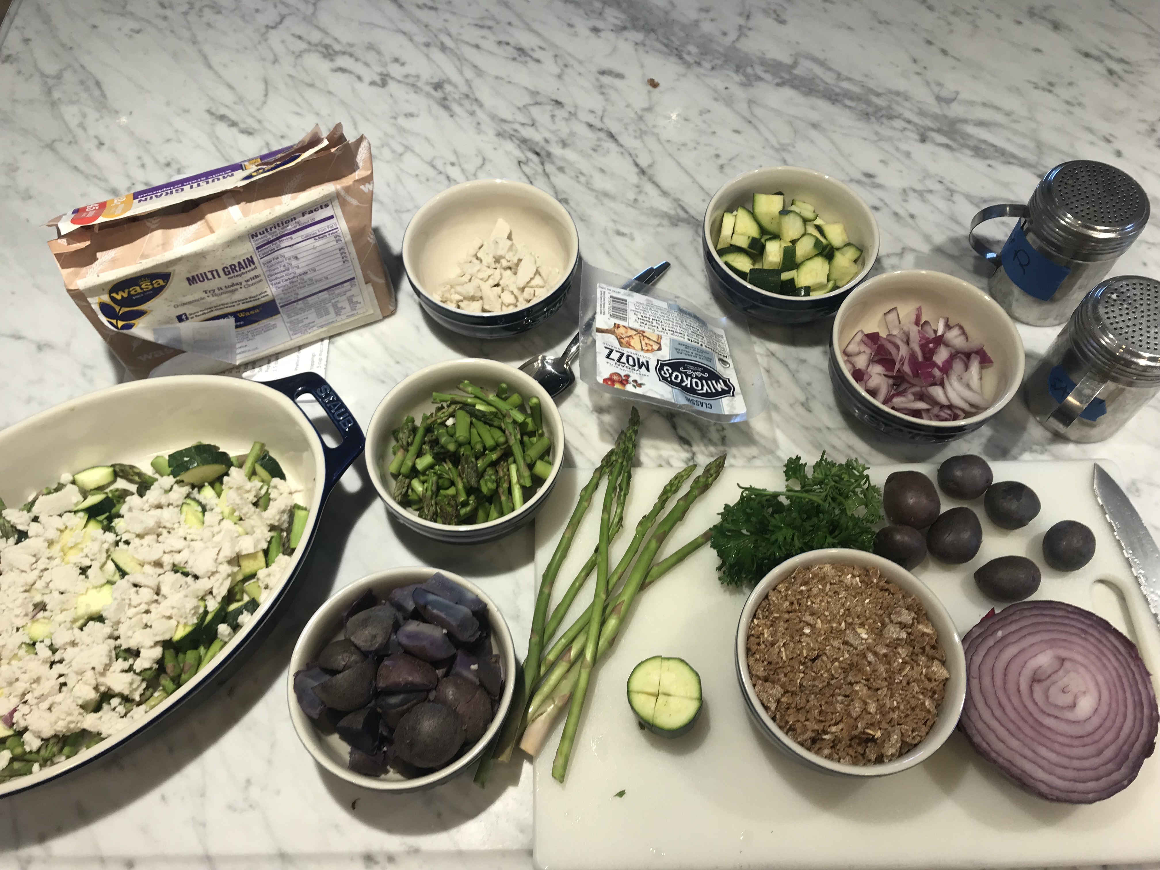 Ingredients for Asparagus, Purple Potato, Zucchini Casserole by Elysabeth Alfano Awesome Vegans