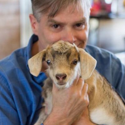 Goat being held by Stephen Wells, an animal advocate
